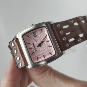 Fossil Watch JR8843 Pink Face Brown Woven Leather Band NWOT